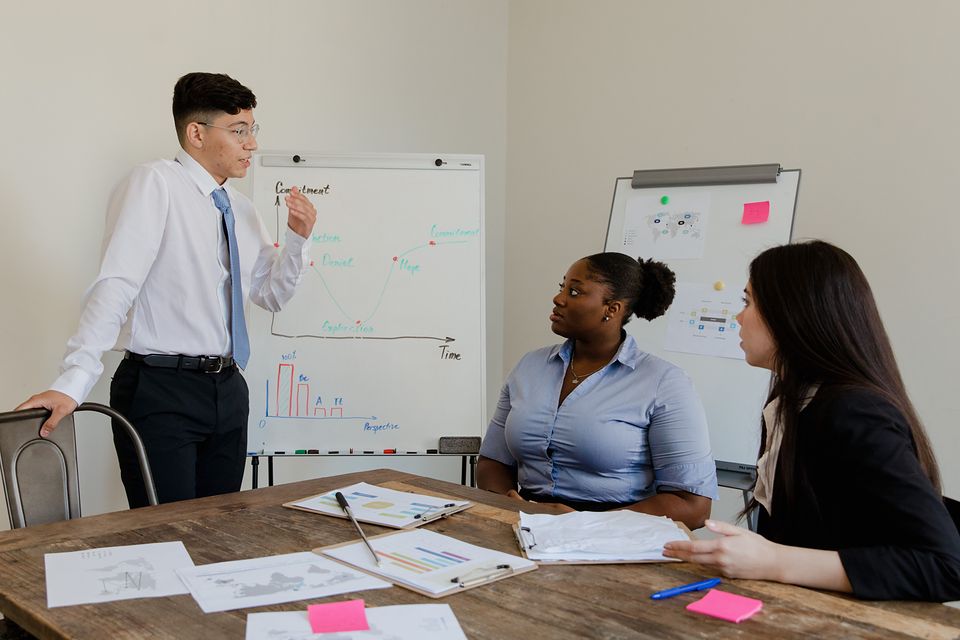 A consultant presents at a whiteboard to two colleagues at a table of documents.